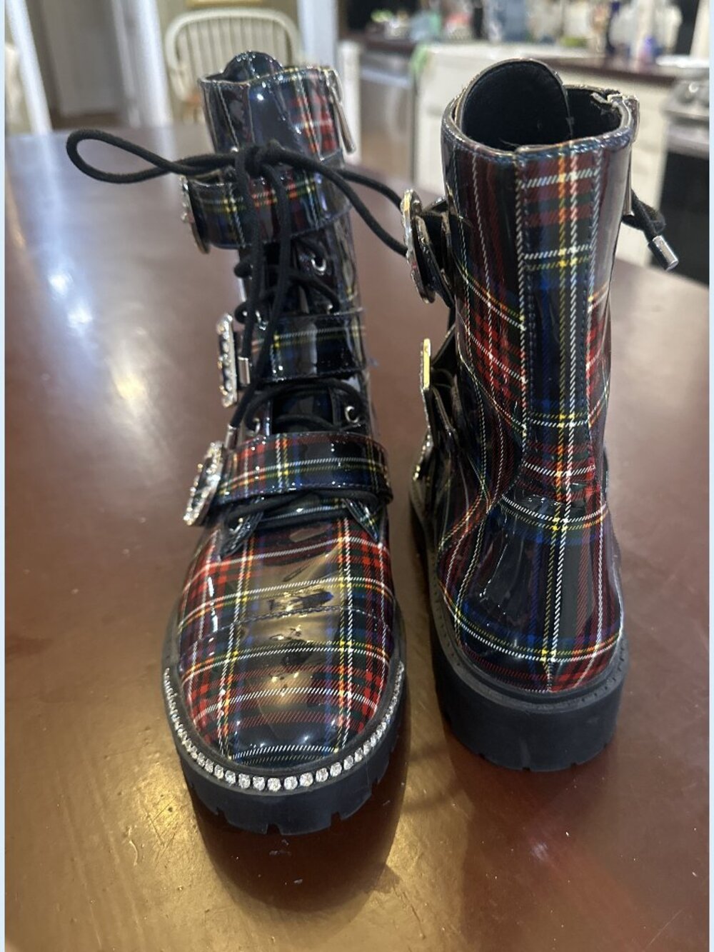 Jessica Simpson Kirlah Plaid Patent Rhinestone Buckle Combat Boots Size 8